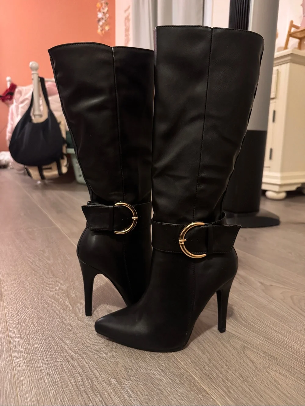 Black Knee-High Stiletto Boots with Gold Buckle - Picture 3 of 3